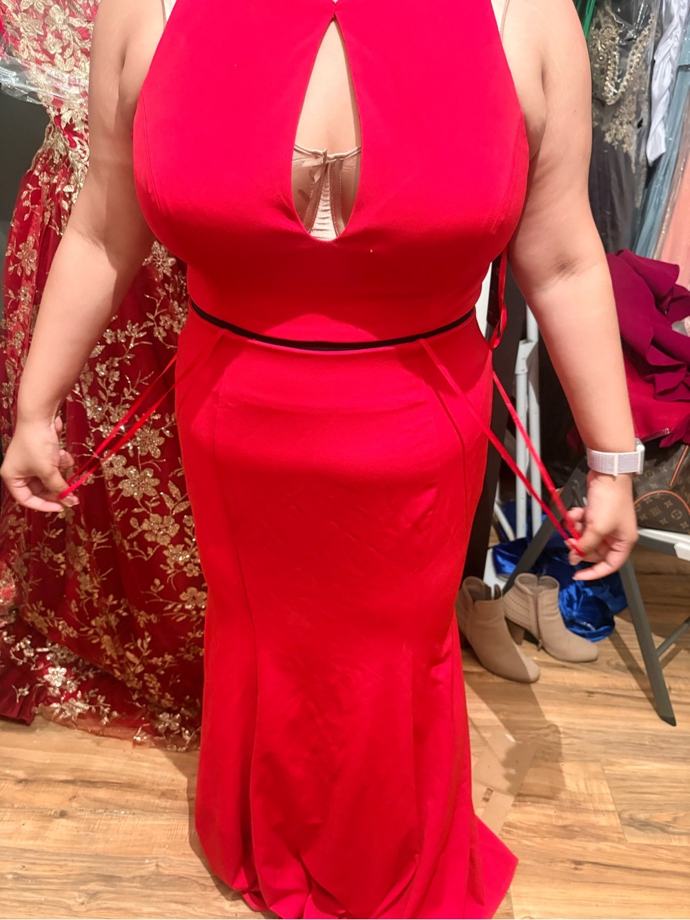 Cinderella Red Halter Prom Gown with Waist Tie